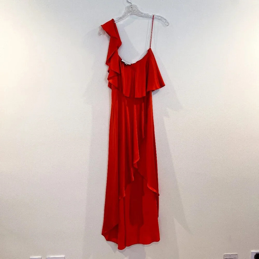 Alexis 100% Silk Red Ruffled One Shoulder Formal Satin Lightweight Midi Dress XS